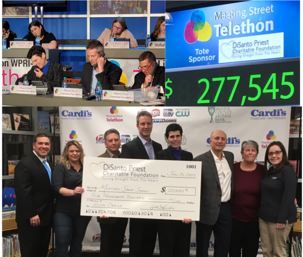A collage of images of The DiSanto, Priest & Co. team working the phones at the Meeting Street Telethon and donating a $10,000 oversize check to the organization.
